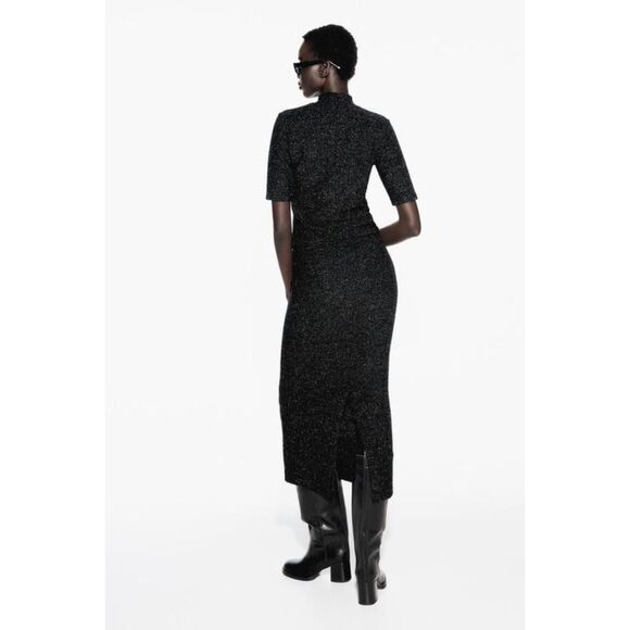 Black Zara Metallic Thread Boucle Elastic Waist Knit Pencil Midi Skirt (NWT) - Picture 5 of 10